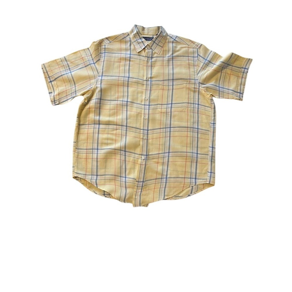 Roundtree & Yorke Mens L Plaid Short Sleeve Button Up Shirt Linen‎ Blend
